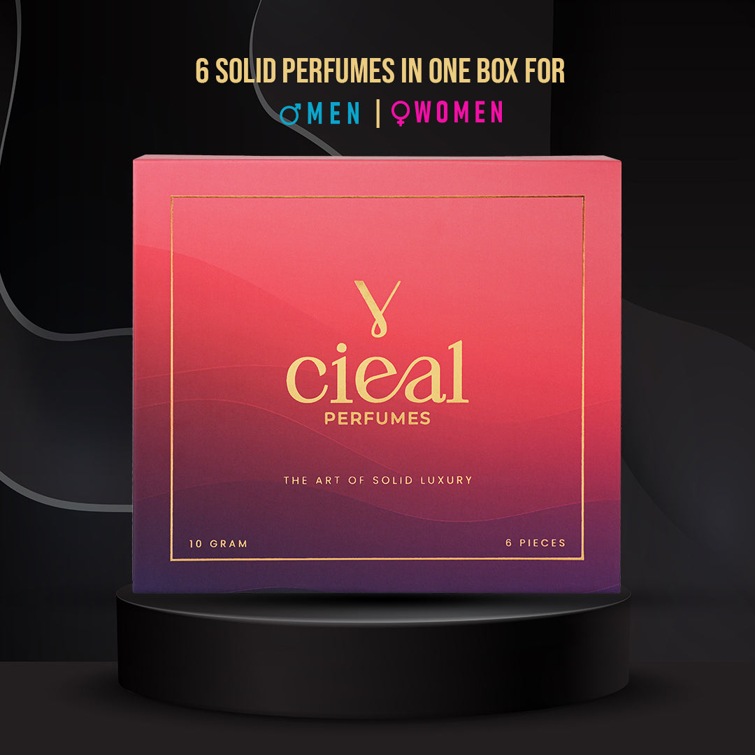 CIEAL PREMIUM SOLID PERFUME SET OF 6 – INSPIRED BY FLORAL | PURPLE OUD | BLACK OPIUM | BLEU DE CHANEL | LE MAL ELIXR | MOST WANTED (UNISEX)