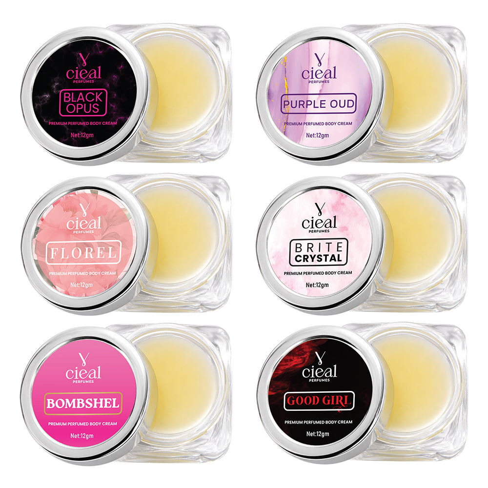 CIEAL PREMIUM SOLID PERFUME SET OF 6 – BLACK OPUS | PURPLE OUD | FLOREL | BRITE CRYSTAL | BOMBSHEL | GOOD GIRL (WOMEN)
