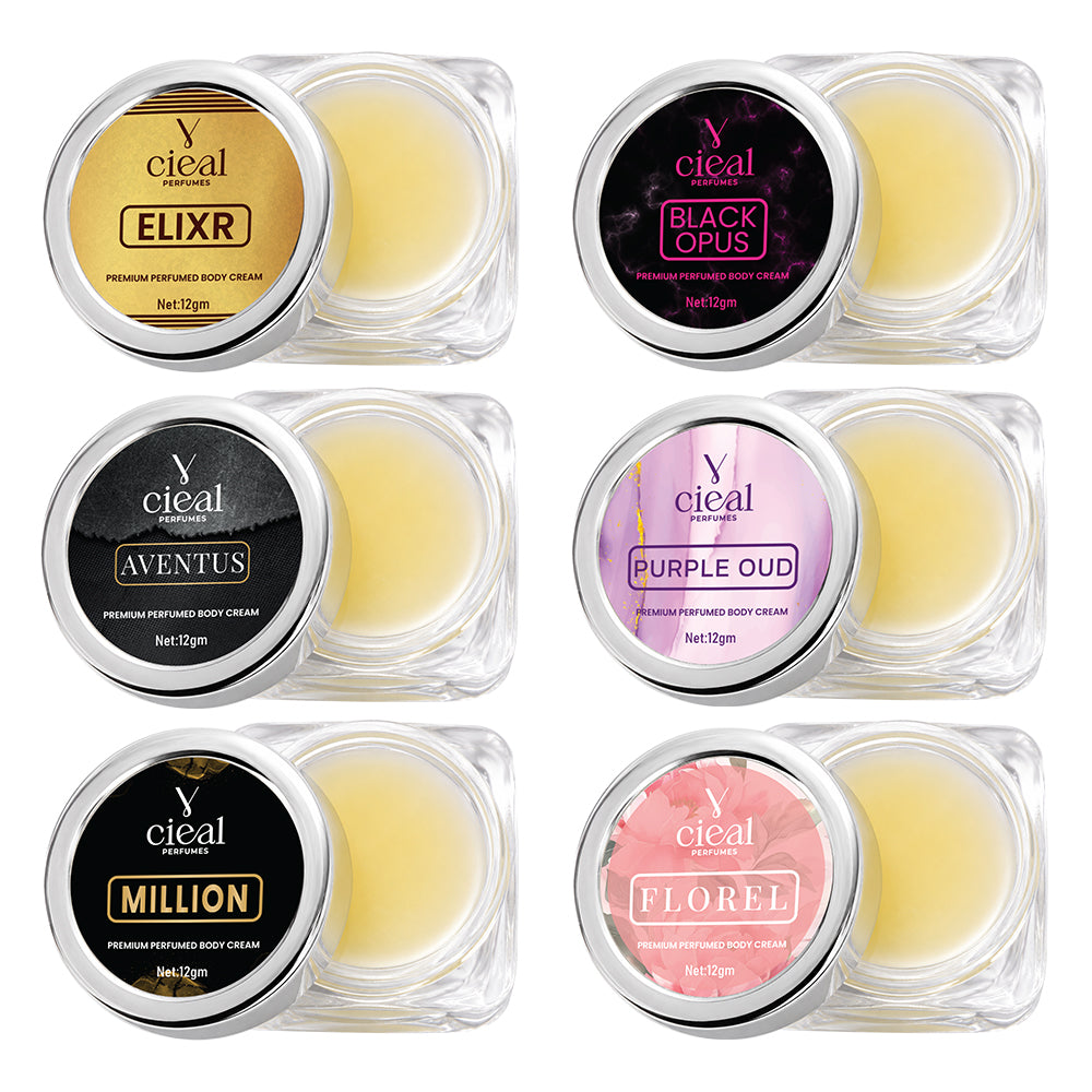 CIEAL PREMIUM SOLID PERFUME SET OF 6 – ELIXIR | BLACK OPUS | AVENTUS | PURPLE OUD | MILLION | FLOREL (UNISEX)