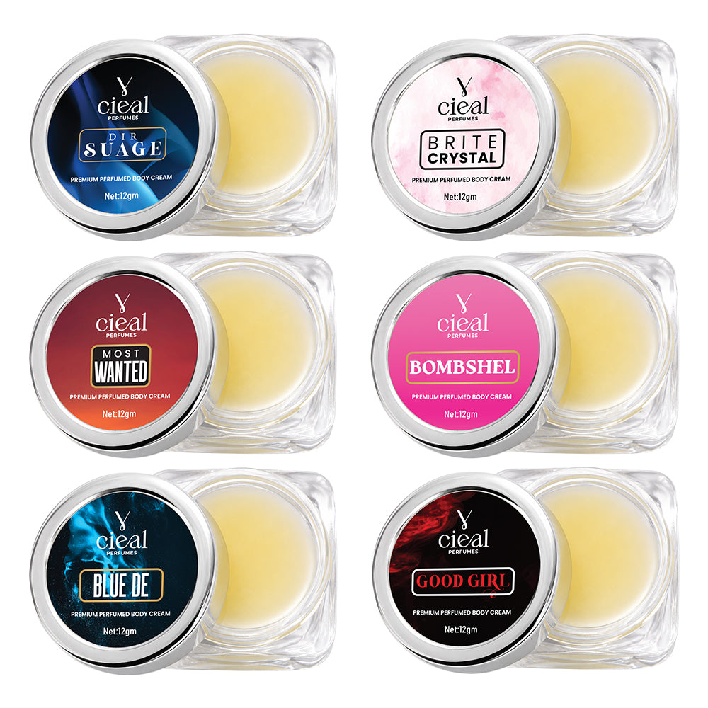 CIEAL PREMIUM SOLID PERFUME SET OF 6 – DIR SUAGE | BRITE CRYSTAL | MOST WANTED | BOMBSHEL | BLUE DE | GOOD GIRL (UNISEX)