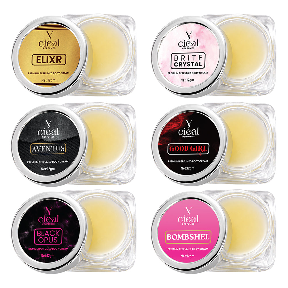 CIEAL PREMIUM SOLID PERFUME SET OF 6 – ELIXIR | BRITE CRYSTAL | AVENTUS | GOOD GIRL | BLACK OPUS | BOMBSHEL (UNISEX)