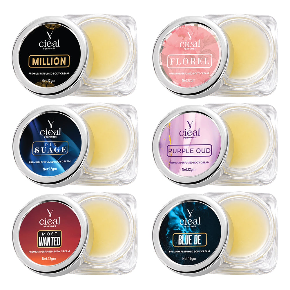 CIEAL PREMIUM SOLID PERFUME SET OF 6 – MILLION | FLOREL | DIR SUAGE | PURPLE OUD | MOST WANTED | BLUE DE (UNISEX)