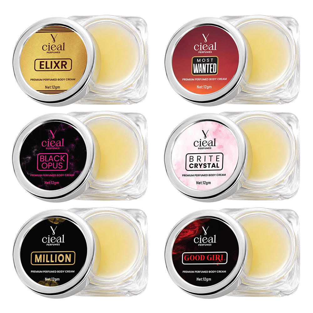 CIEAL PREMIUM SOLID PERFUME SET OF 6 – ELIXIR | MOST WANTED | BLACK OPUS | BRITE CRYSTAL | MILLION | GOOD GIRL (UNISEX)
