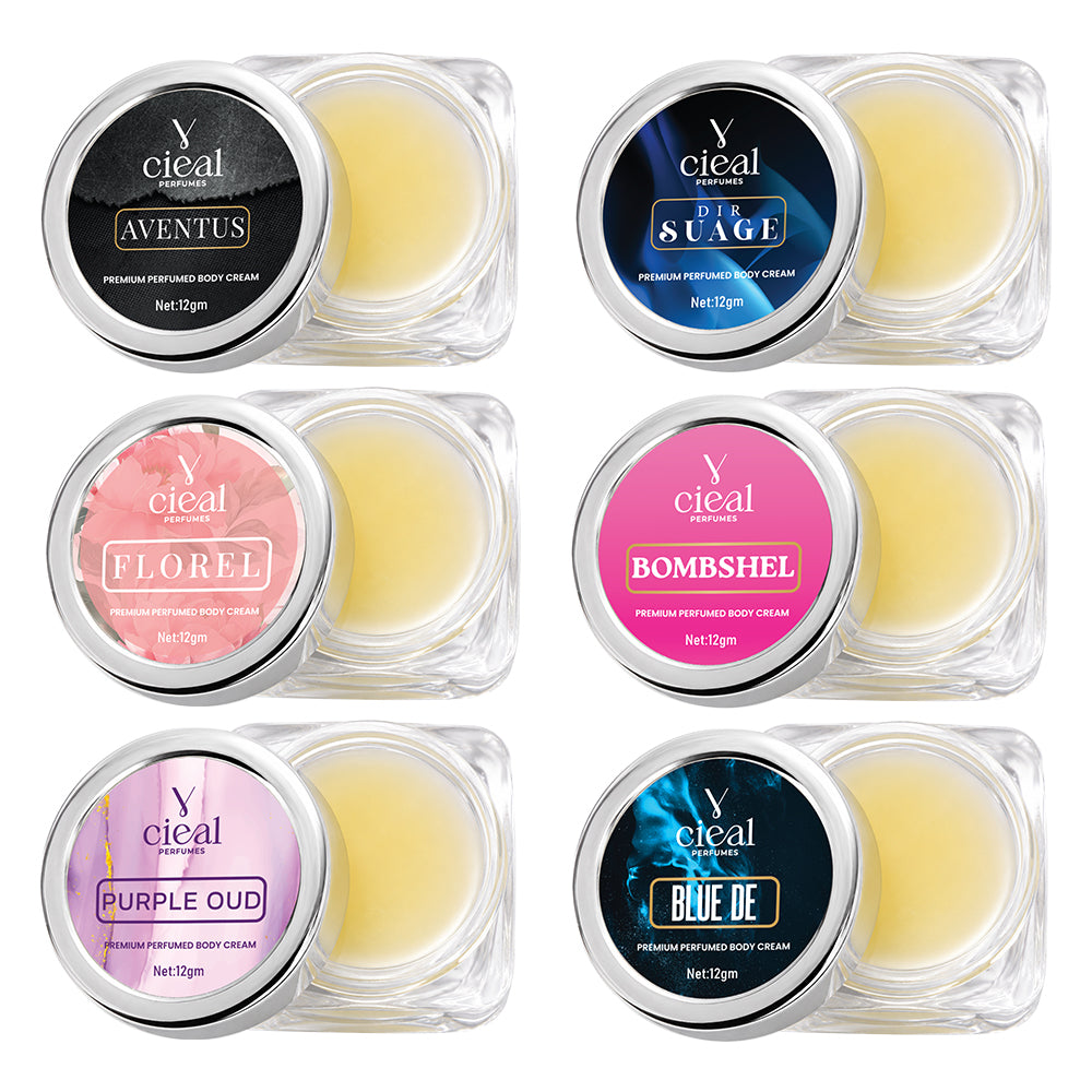 CIEAL PREMIUM SOLID PERFUME SET OF 6 – AVENTUS | DIR SUAGE | FLOREL | BOMBSHEL | PURPLE OUD | BLUE DE (UNISEX)