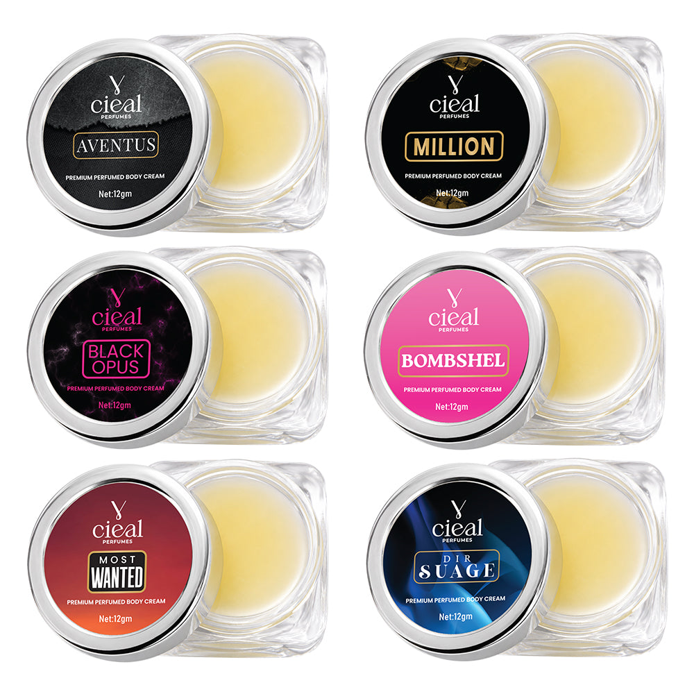 CIEAL PREMIUM SOLID PERFUME SET OF 6 – AVENTUS | MILLION | BLACK OPUS | BOMBSHEL | MOST WANTED | DIR SUAGE (UNISEX)