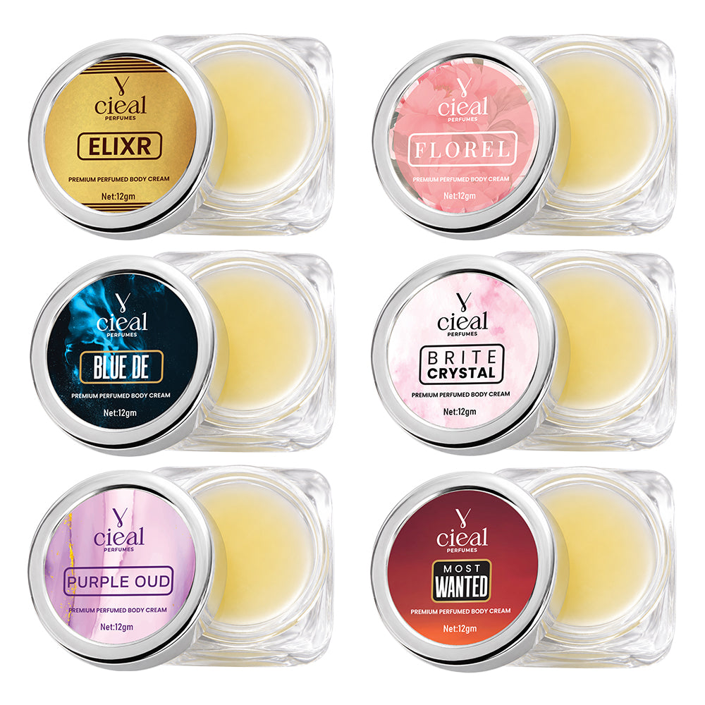CIEAL PREMIUM SOLID PERFUME SET OF 6 – ELIXIR | FLOREL | BLUE DE | BRITE CRYSTAL | PURPLE OUD | MOST WANTED (UNISEX)