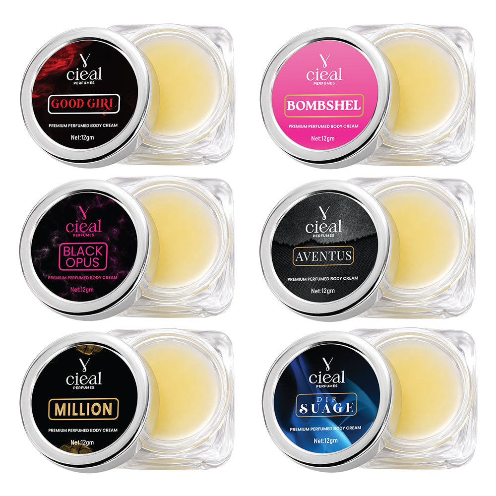 CIEAL PREMIUM SOLID PERFUME SET OF 6 – GOOD GIRL | BOMBSHEL | BLACK OPUS | AVENTUS | MILLION | DIR SUAGE (UNISEX)