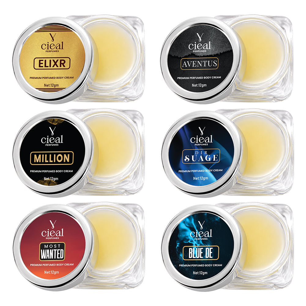 CIEAL PREMIUM SOLID PERFUME SET OF 6 – ELIXIR | AVENTUS | MILLION | DIR SUAGE | MOST WANTED | BLUE DE (MEN)