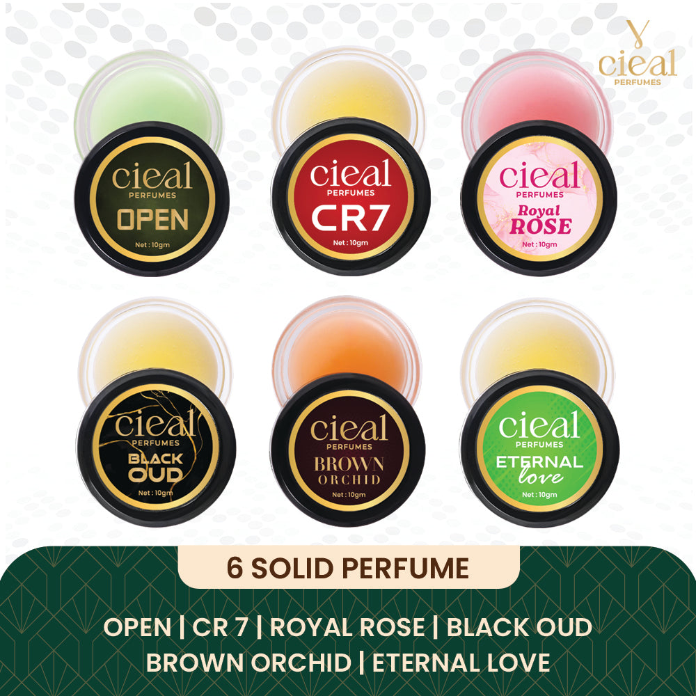 CIEAL Solid Perfume Master Set of 6 – Open, CR7, Royal Rose, Black Oud, Brown Orchid &amp; Eternal Love | 10g Each