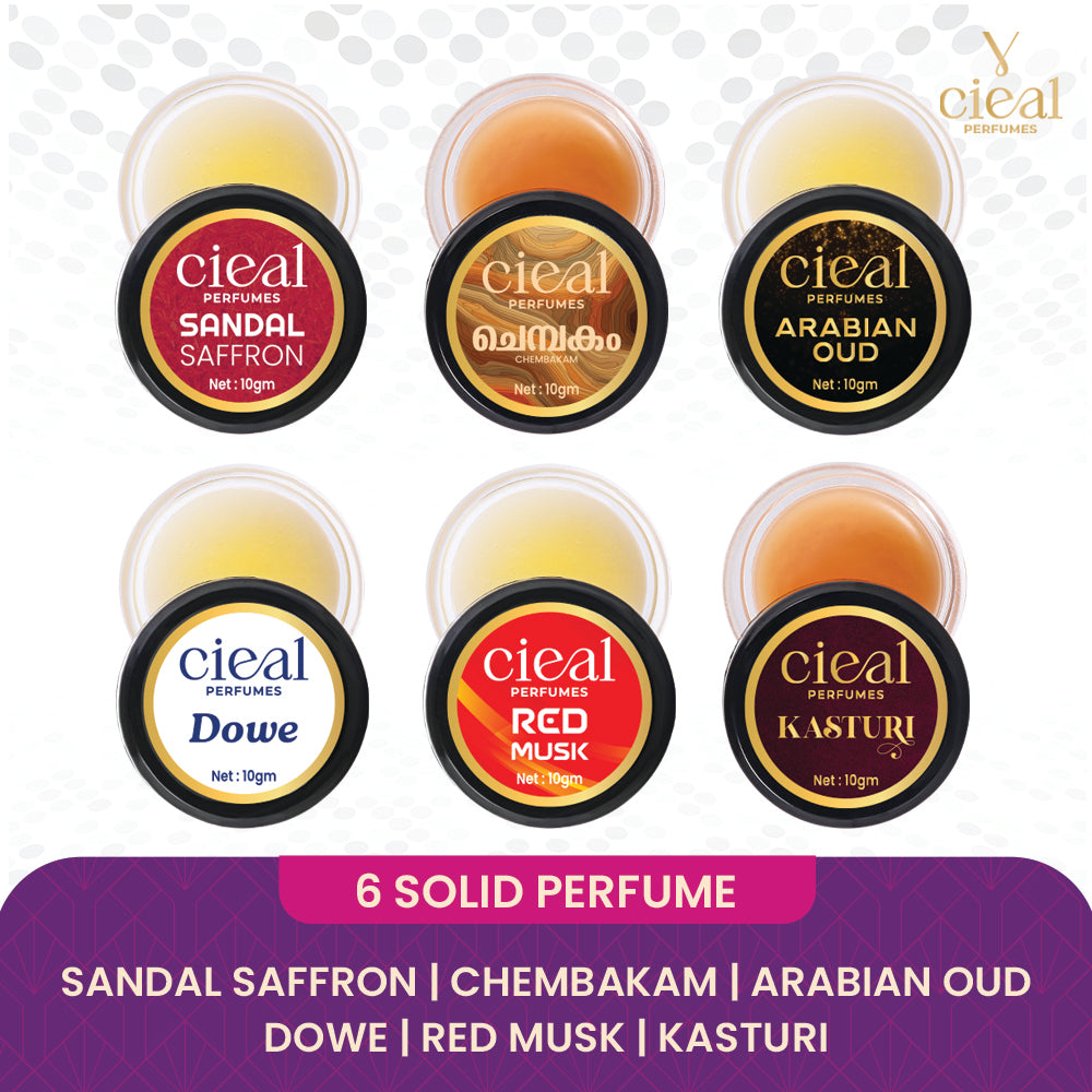 CIEAL Solid Perfume Master Set of 6 – Sandal Saffron, Chembakakam, Arabian Oud, Dowe, Red Musk &amp; Kasturi | 10g Each
