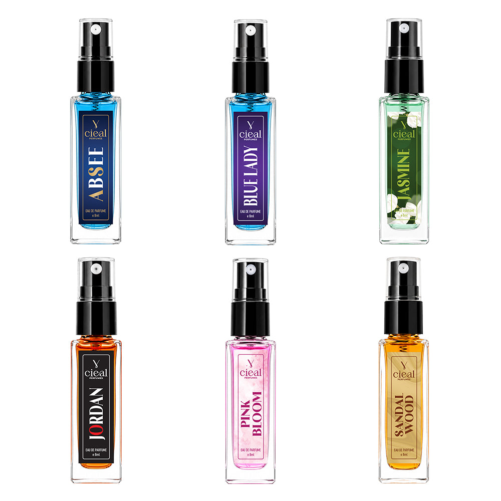 CIEAL Perfume Spray Gift Set of 6 – Pink Bloom, Jasmine, Sandalwood, Absee, Blue Lady &Jordan – 8ml Each
