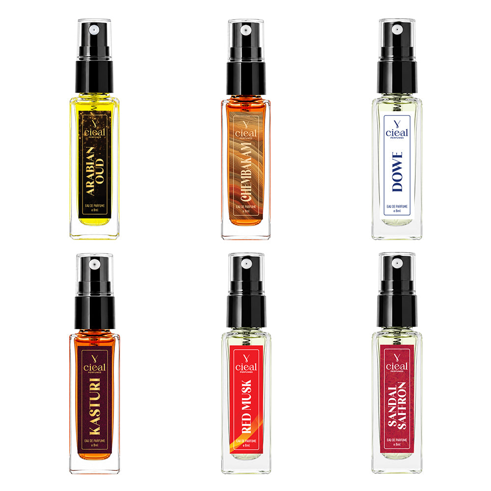 CIEAL Perfume Spray Gift Set of 6 – Master Collection – Sandal Saffron, Chembakam, Arabian Oud, Dowe, Red Musk & Kasturi – 8 ml each