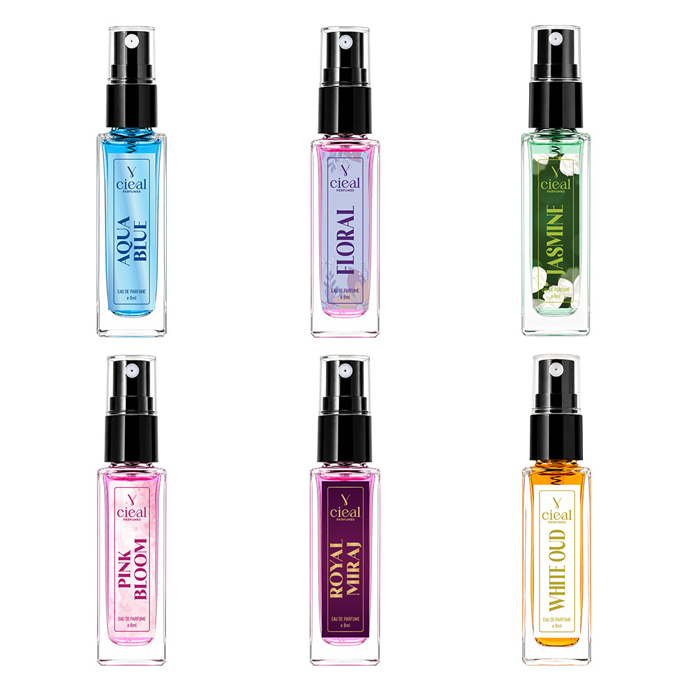 CIEAL Perfume Spray Gift Set of 6 – Aqua Blue, Pink Bloom, Royal Miraj, Floral, White Oud & Jasmine – 8ml Each