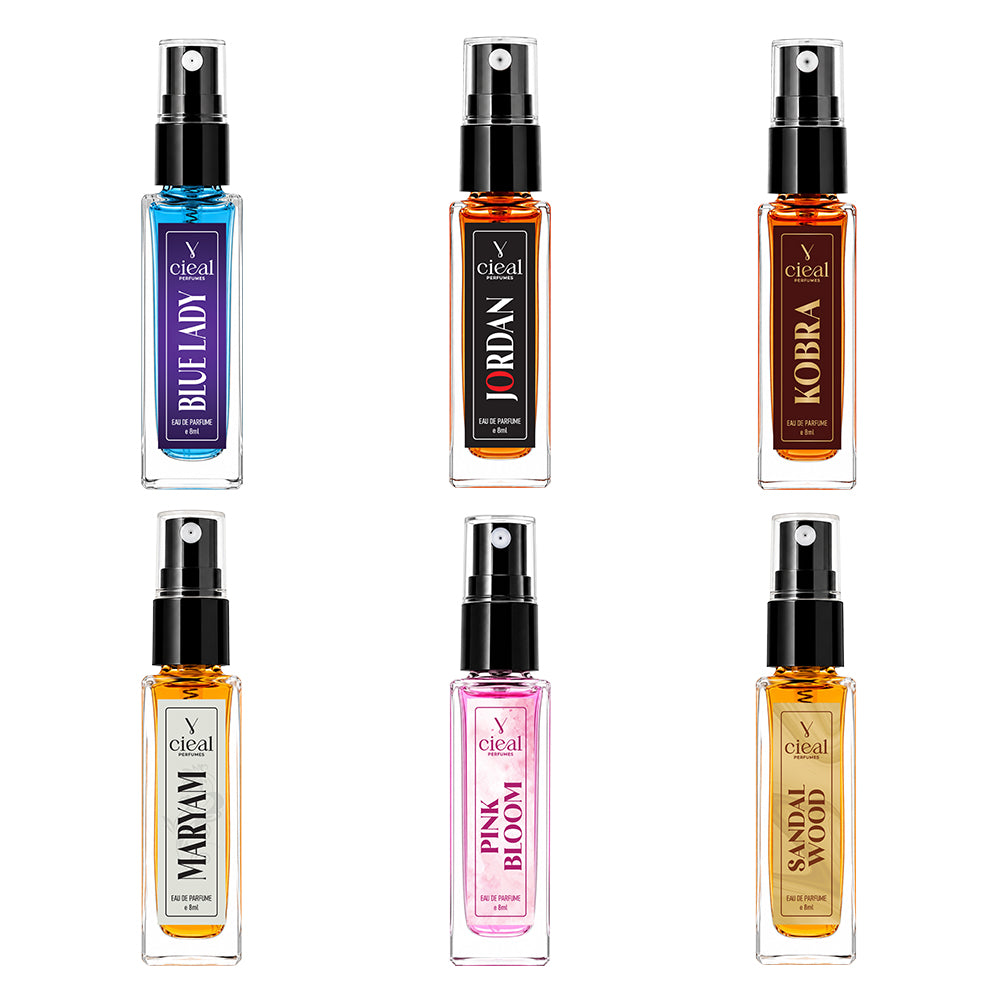CIEAL Perfume Spray Gift Set of 6 – Kobra, Maryam, Sandalwood, Blue Lady, Jordan & Pink Bloom – 8ml Each