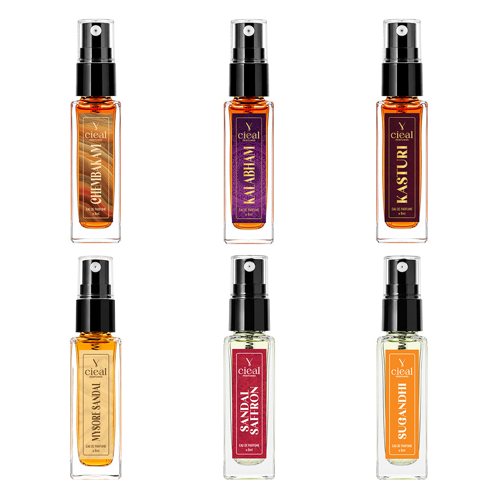 CIEAL Perfume Spray Gift Set of 6 – Chembakam, Mysore Sandal, Sandal Saffron, Sugandhi, Kalabham & Kasturi – 8 ml Each