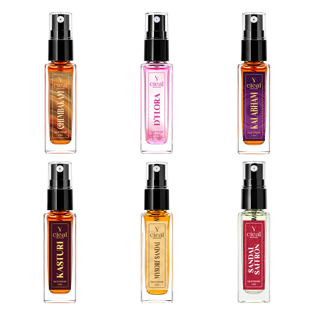 CIEAL Perfume Spray Gift Set of 6 – Master Collection – Chembakam, Mysore Sandal, Sandal Saffron, D' Flora, Kalabham & Kasturi – 8ml Each