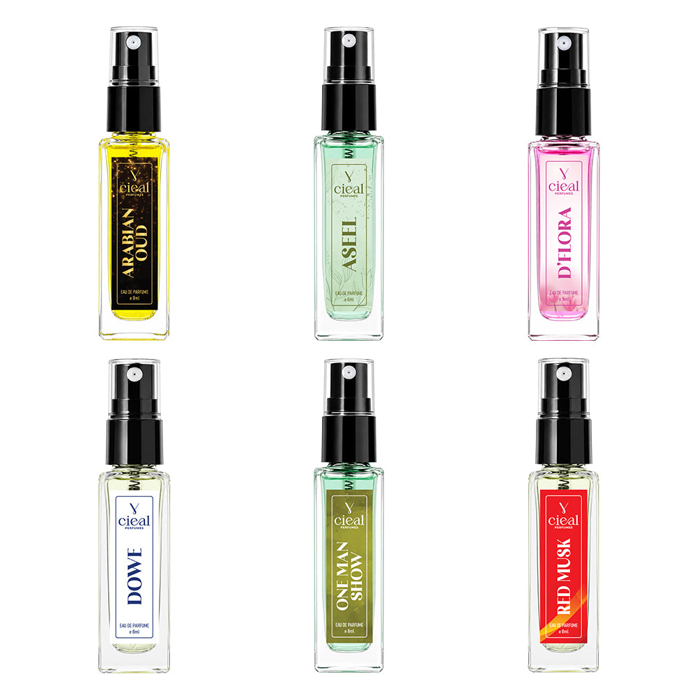 CIEAL Perfume Spray Gift Set of 6 – Dowe, Aseel, Red Musk, D' Flora, One Man Show & Arabian Oud – 8 ml each