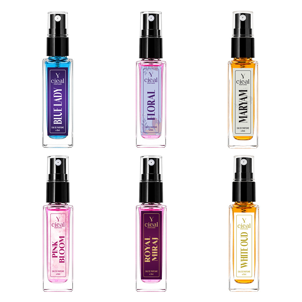 CIEAL Perfume Spray Gift Set of 6 – Pink Bloom, Maryam, Floral, Blue Lady, White Oud & Royal Miraj – 8ml Each