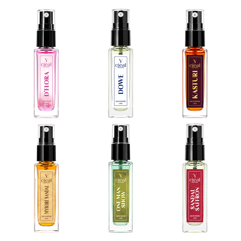 CIEAL Perfume Spray Gift Set of 6 – Signature Collection – Sandal Saffron, Kasturi, Dowe, D' Flora, One Man Show & Mysore Sandal – 8 ml each