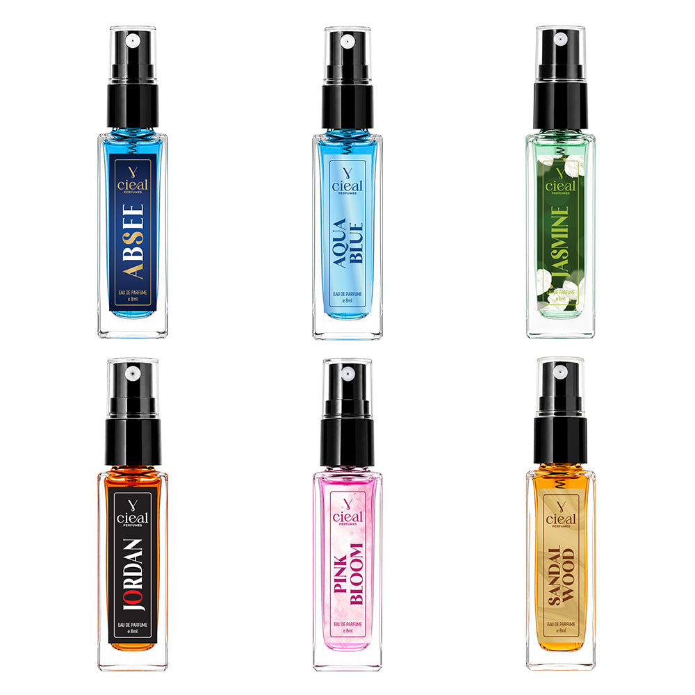 CIEAL Perfume Spray Gift Set of 6 – Aqua Blue, Jasmine, Sandalwood, Jordan, Absee &Pink Bloom – 8ml Each