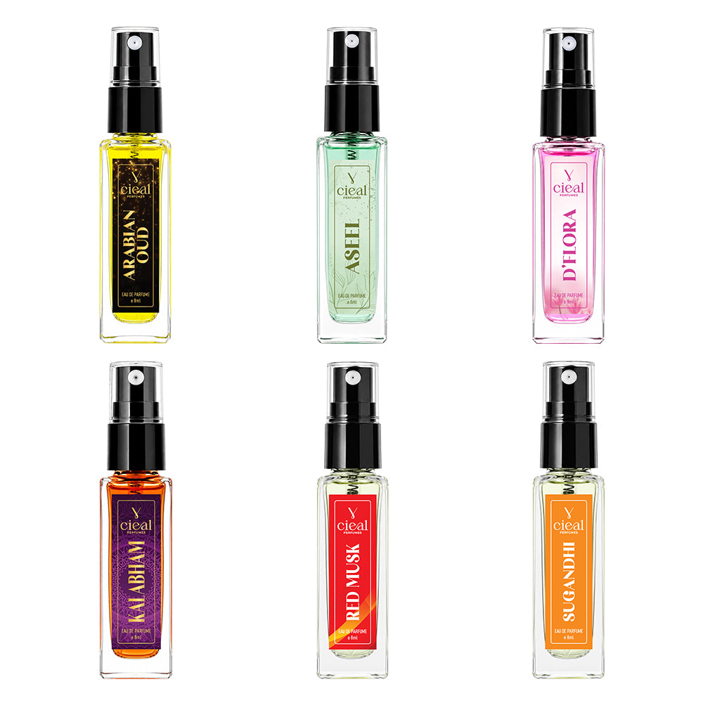 CIEAL Perfume Spray Gift Set of 6 – Master Collection – Arabian Oud, Aseel, Kalabham, Sugandhi, D' Flora & Red Musk – 8ml Each