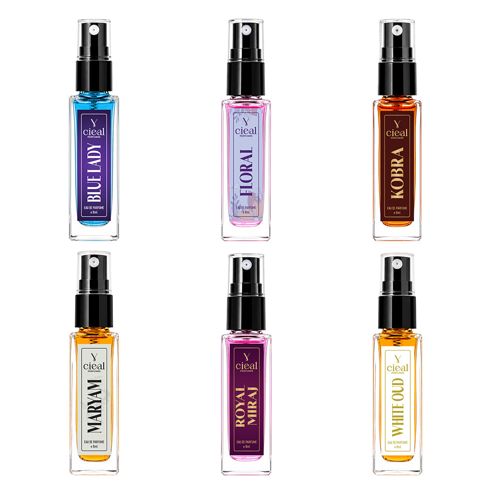 CIEAL Perfume Spray Gift Set of 6 – Kobra, Royal Miraj, Floral, Maryam, Blue Lady & White Oud – 8ml Each