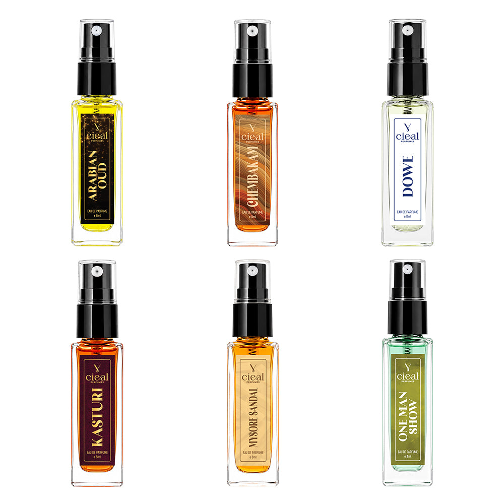 CIEAL Perfume Spray Gift Set of 6 – Master Collection – Kasturi, Chembakam, One Man Show, Dowe, Arabian Oud & Mysore Sandal – 8 ml each
