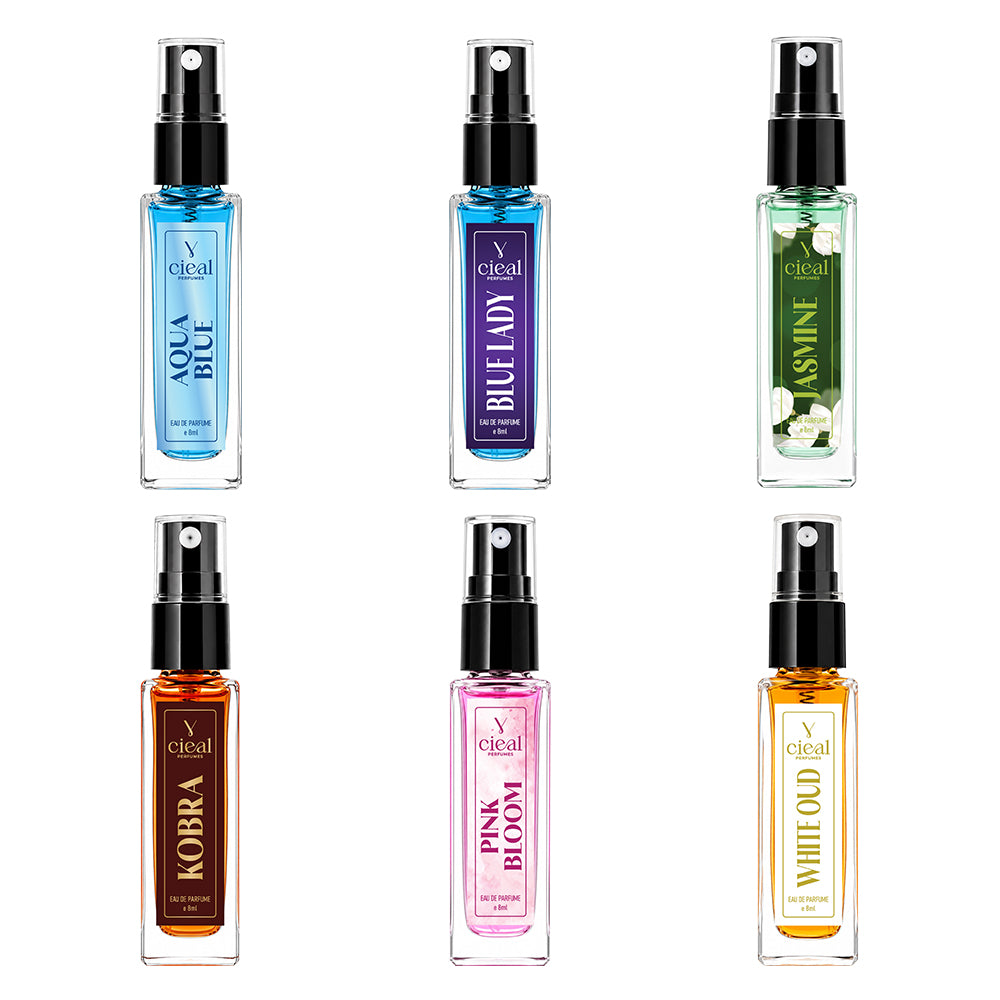 CIEAL Perfume Spray Gift Set of 6 – Aqua Blue, Jasmine, Pink Bloom, Kobra, White Oud & Blue Lady – 8ml Each