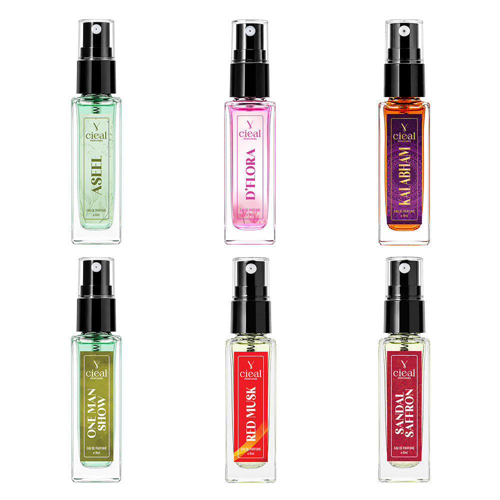 CIEAL Perfume Spray Gift Set of 6 – Master Collection – Sandal Saffron, Red Musk, Aseel, Kalabham, D' Flora & One Man Show – 8 ml each