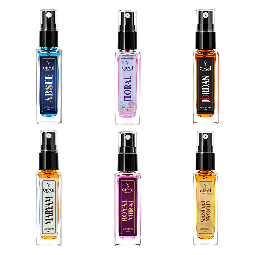 CIEAL Perfume Spray Gift Set of 6 – Sandalwood, Jordan, Maryam, Floral, Royal Miraj & Absee – 8ml Each