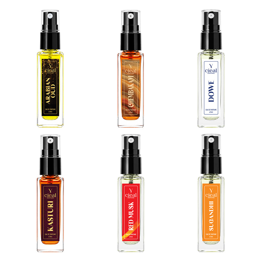 CIEAL Perfume Spray Gift Set of 6 – Master Collection – Chembakam, Sugandhi, Dowe, Arabian Oud, Kasturi & Red Musk – 8 ml each