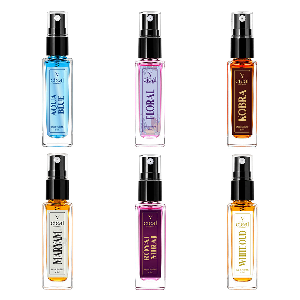 CIEAL Perfume Spray Gift Set of 6 – Aqua Blue, Royal Miraj, Maryam, White Oud, Floral & Kobra – 8ml Each