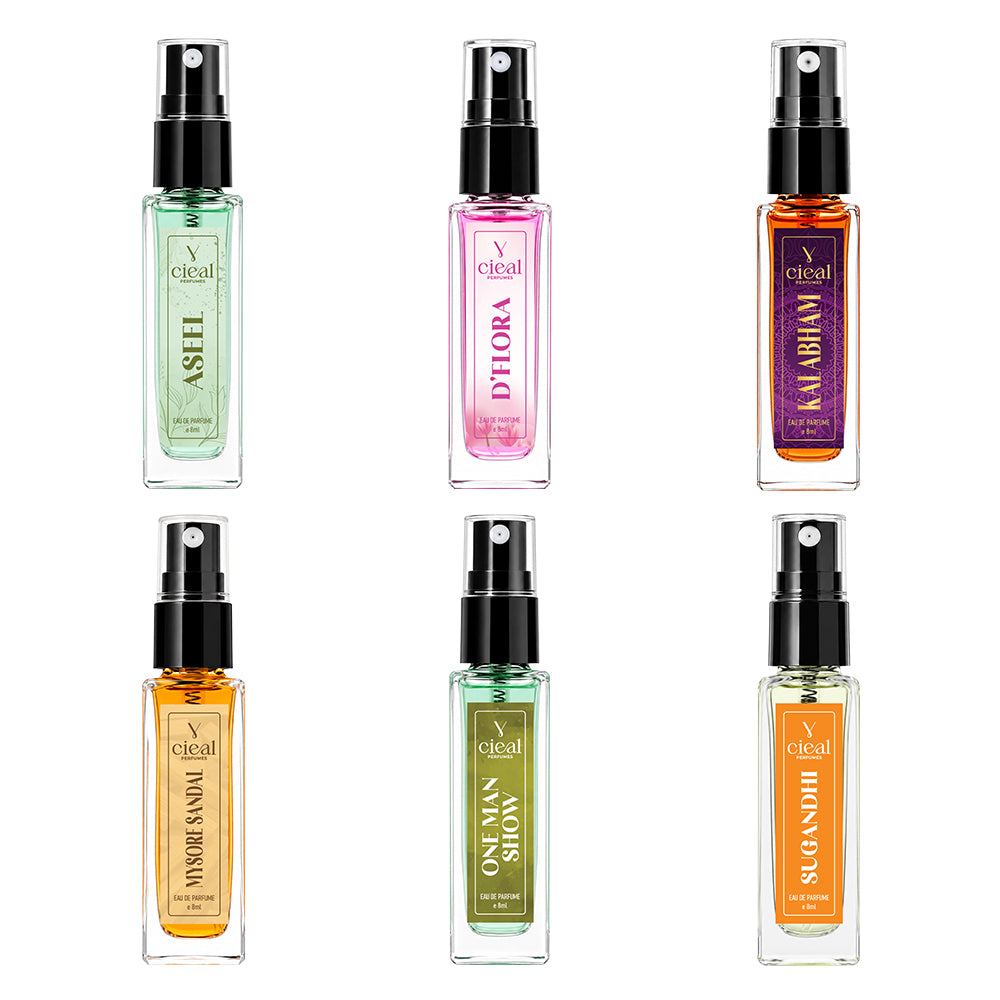 CIEAL Perfume Spray Gift Set of 6 – Master Collection – Mysore Sandal, Aseel, D' Flora, Kalabham, One Man Show & Sugandhi – 8ml Each