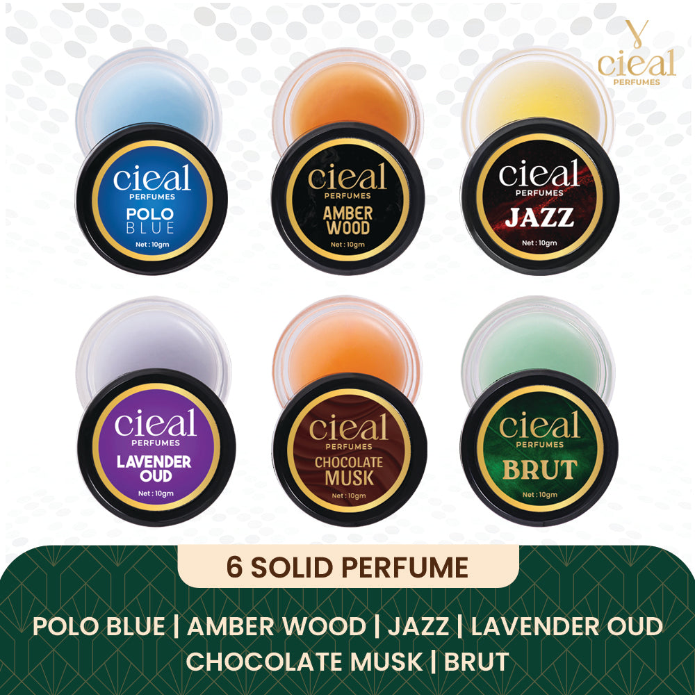 CIEAL Solid Perfume Master Set of 6 – Polo Blue, Amber Wood, Jazz, Lavender Oud, Chocolate Musk &amp; Brut | 10g Each