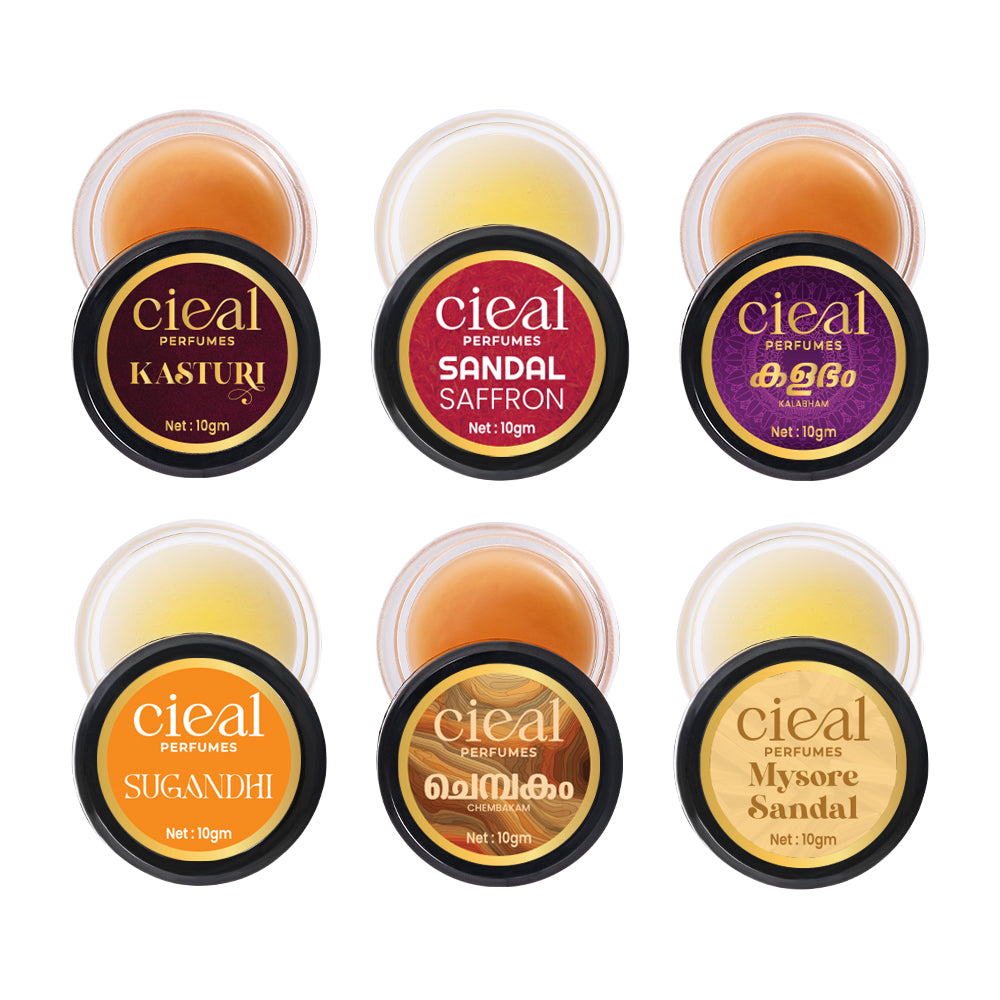 CIEAL SOLID PERFUME SET OF 6 – CHEMBAKAM | MYSORE SANDAL | SANDAL SAFFRON | SUGANDHI | KALABHAM | KASTURI