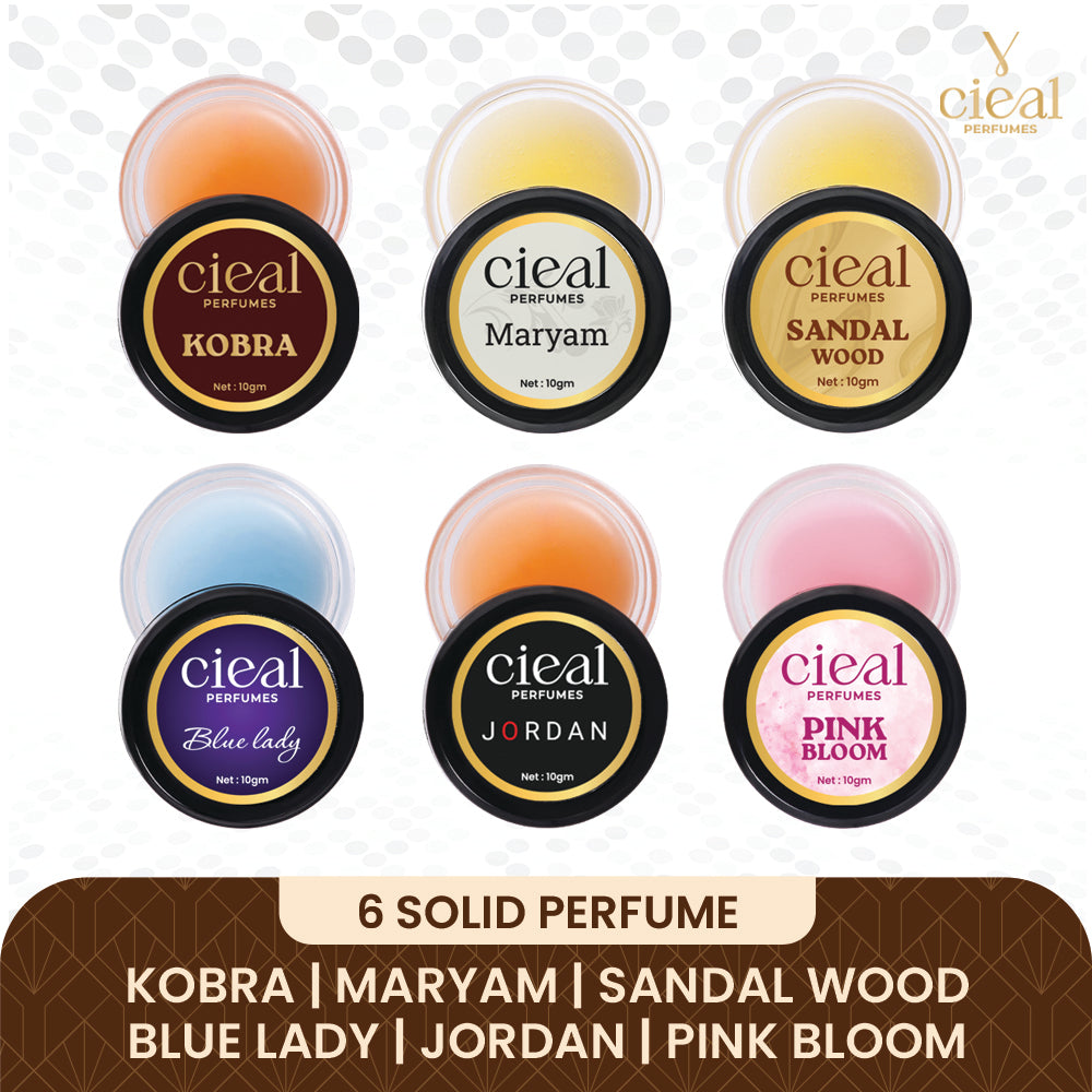 CIEAL Solid Perfume Master Set of 6 – Kobra, Maryam, Sandalwood, Blue Lady, Jordan & Pink Bloom | 10g Each