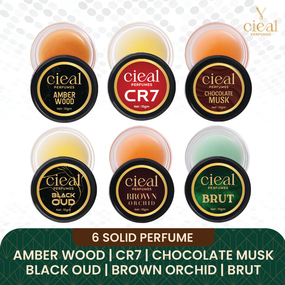 CIEAL SOLID PERFUME SET OF 6 – AMBER WOOD | CR7 | CHOCOLATE MUSK | BLACK OUD | BROWN ORCHID | BRUT