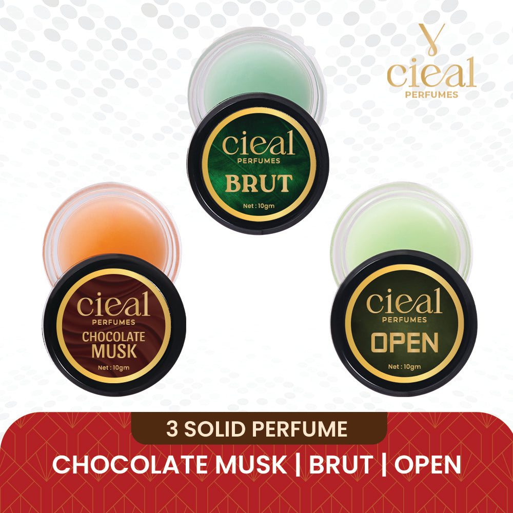 CIEAL SOLID PERFUME SET OF 3 – BRUT | CHOCOLATE MUSK | OPEN