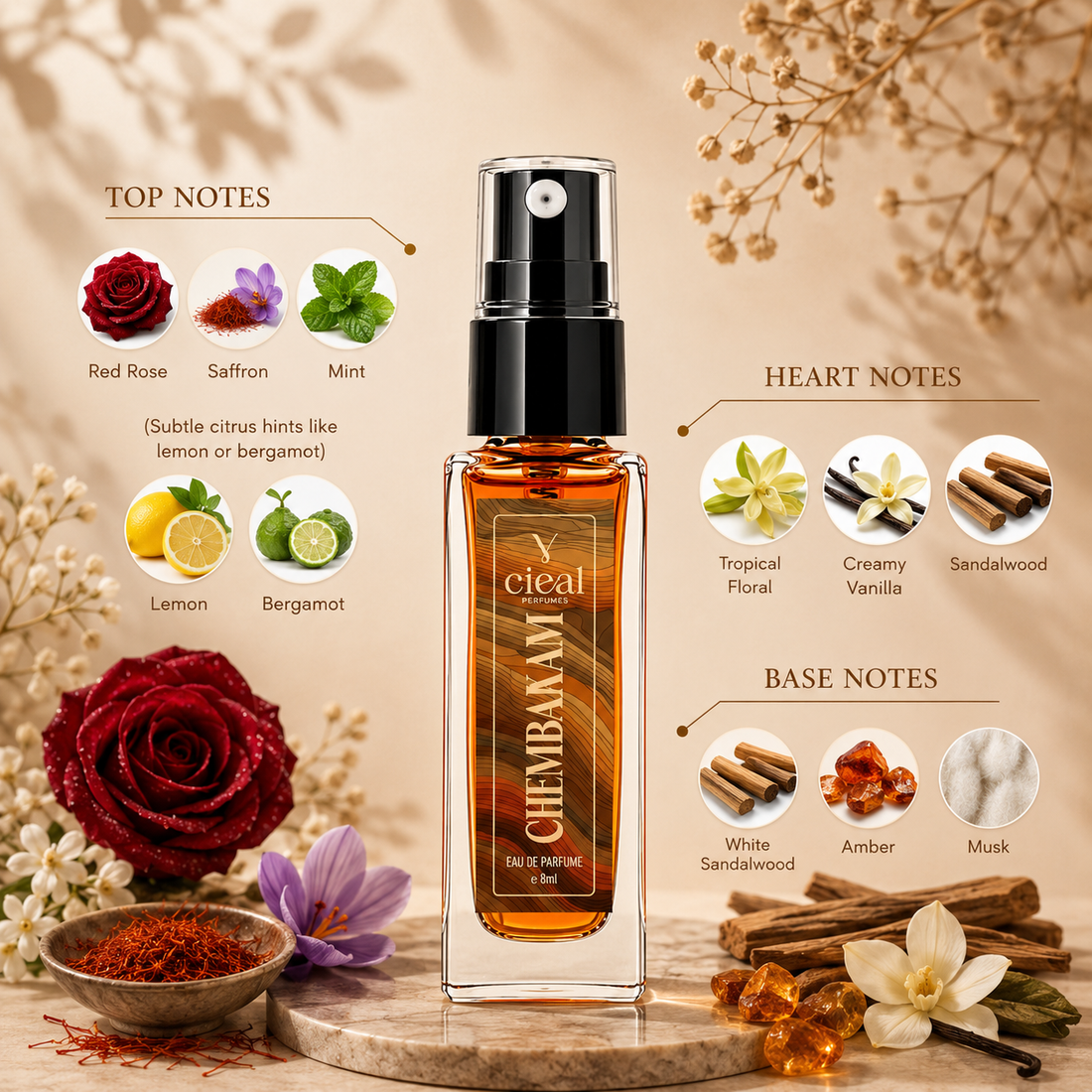 CIEAL Perfume Spray Gift Set of 3 – Kalabham, Sugandhi & Chembakam – 8ml Each
