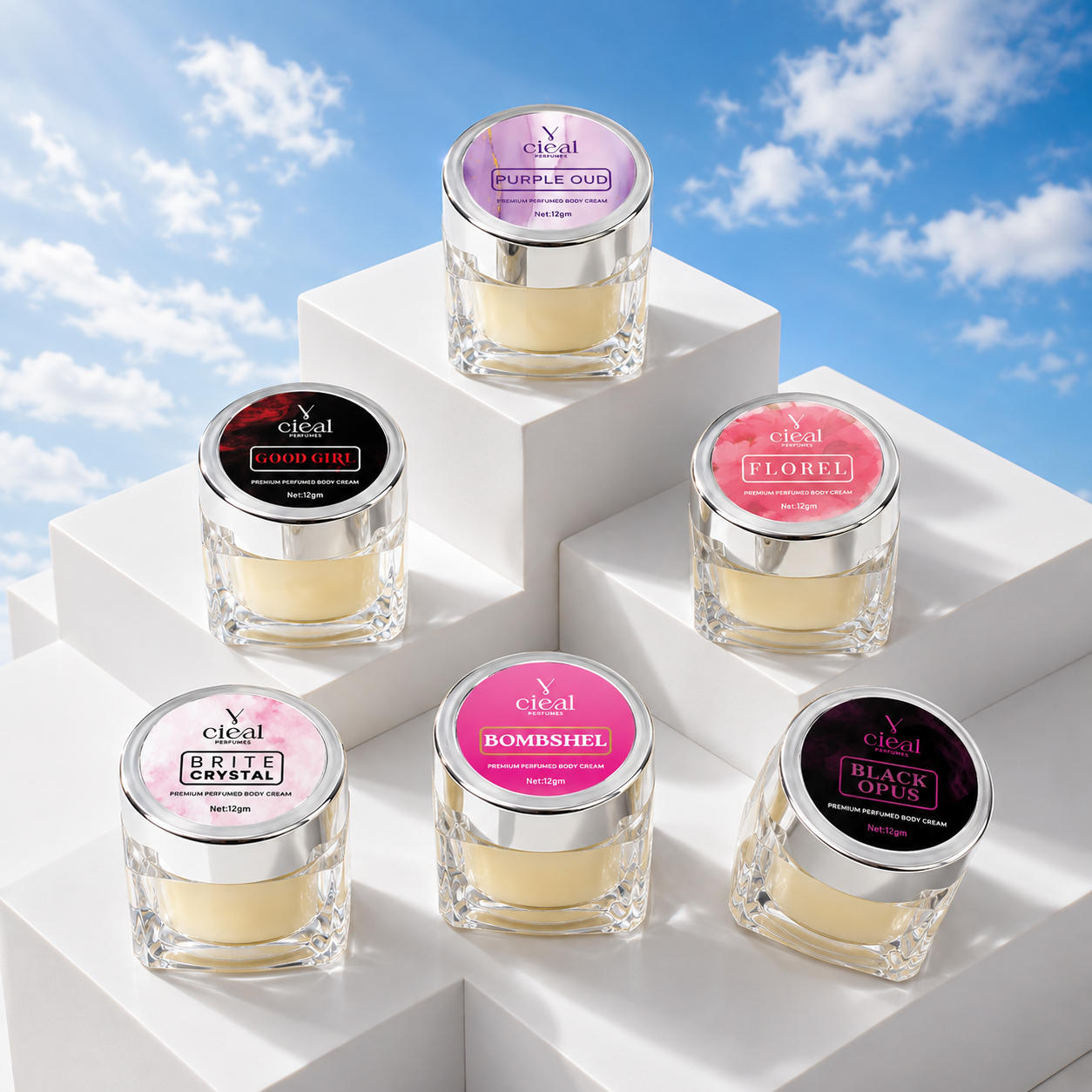 CIEAL PREMIUM SOLID PERFUME SET OF 6 – BRITE CRYSTAL | BOMBSHEL | PURPLE OUD | BLACK OPUS | GOOD GIRL | FLOREL (WOMEN)