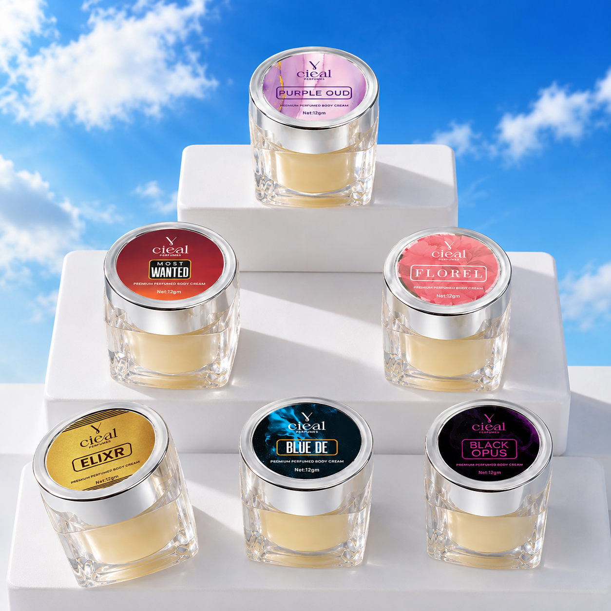 CIEAL PREMIUM SOLID PERFUME SET OF 6 – ELIXIR | BLACK OPUS | PURPLE OUD | FLOREL | MOST WANTED | BLUE DE (UNISEX)