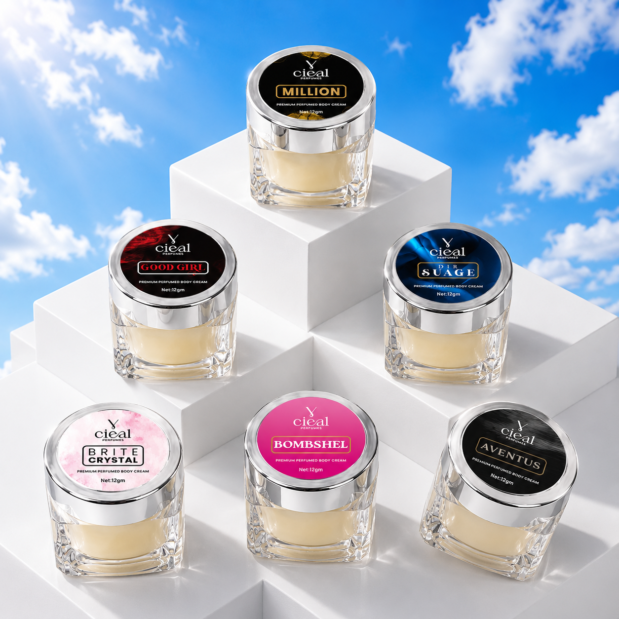 CIEAL PREMIUM SOLID PERFUME SET OF 6 – BRITE CRYSTAL | BOMBSHEL | AVENTUS | DIR SUAGE | GOOD GIRL | MILLION (UNISEX)