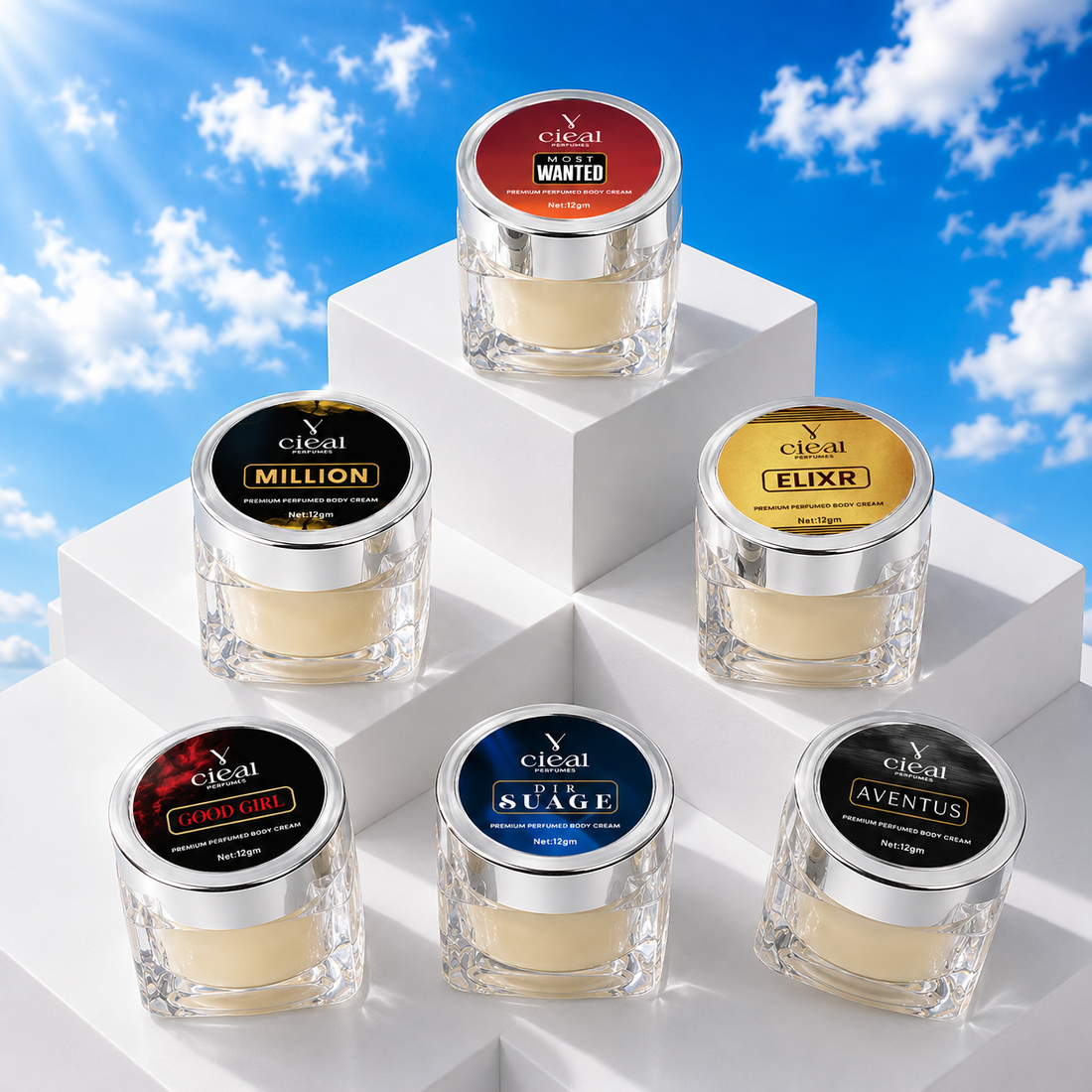 CIEAL PREMIUM SOLID PERFUME SET OF 6 – ELIXIR | AVENTUS | MILLION | DIR SUAGE | MOST WANTED | BLUE DE (MEN)