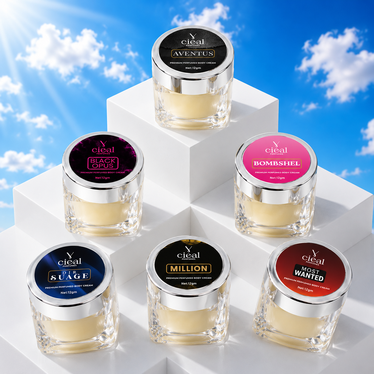 CIEAL PREMIUM SOLID PERFUME SET OF 6 – AVENTUS | MILLION | BLACK OPUS | BOMBSHEL | MOST WANTED | DIR SUAGE (UNISEX)