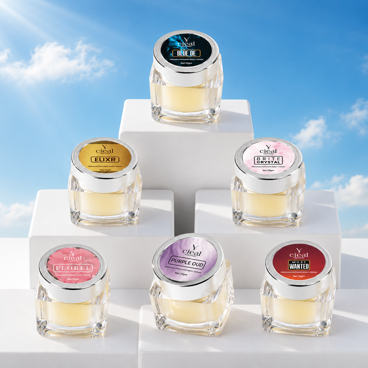 CIEAL PREMIUM SOLID PERFUME SET OF 6 – ELIXIR | FLOREL | BLUE DE | BRITE CRYSTAL | PURPLE OUD | MOST WANTED (UNISEX)