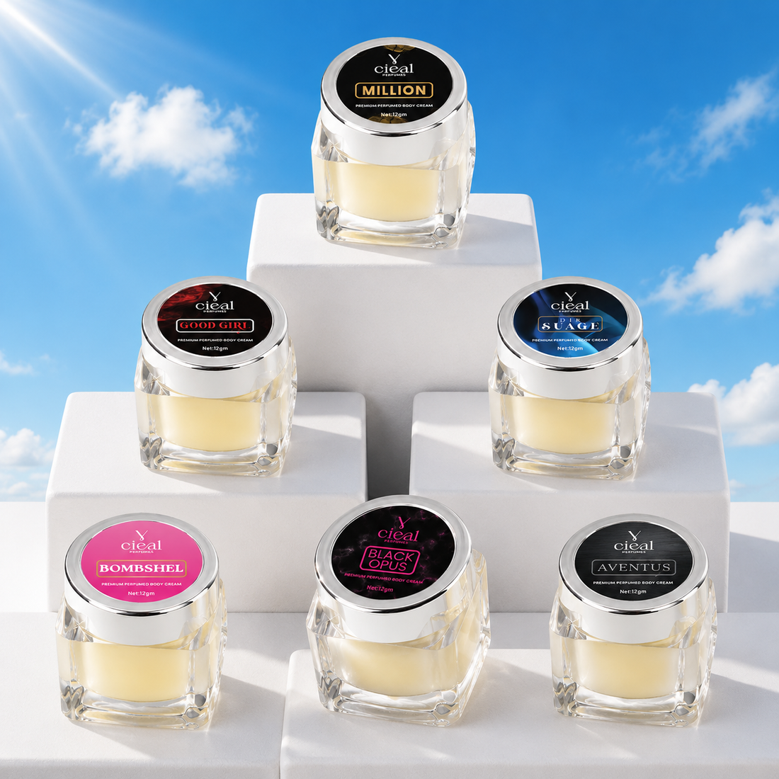 CIEAL PREMIUM SOLID PERFUME SET OF 6 – GOOD GIRL | BOMBSHEL | BLACK OPUS | AVENTUS | MILLION | DIR SUAGE (UNISEX)