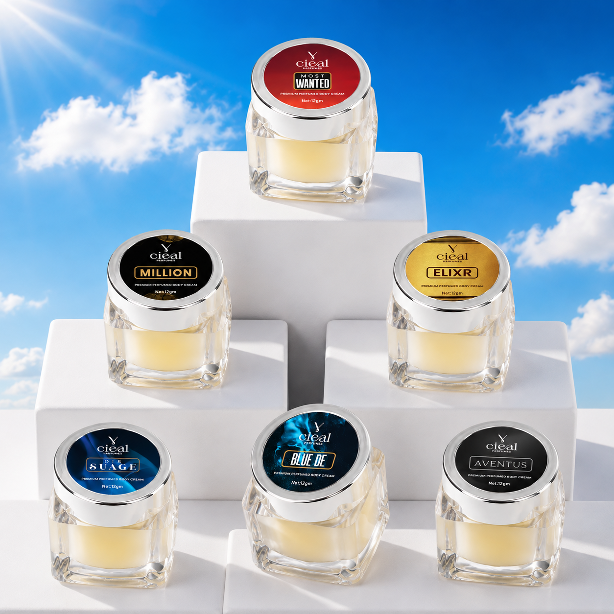 CIEAL PREMIUM SOLID PERFUME SET OF 6 – ELIXIR | AVENTUS | MILLION | DIR SUAGE | MOST WANTED | BLUE DE (MEN)