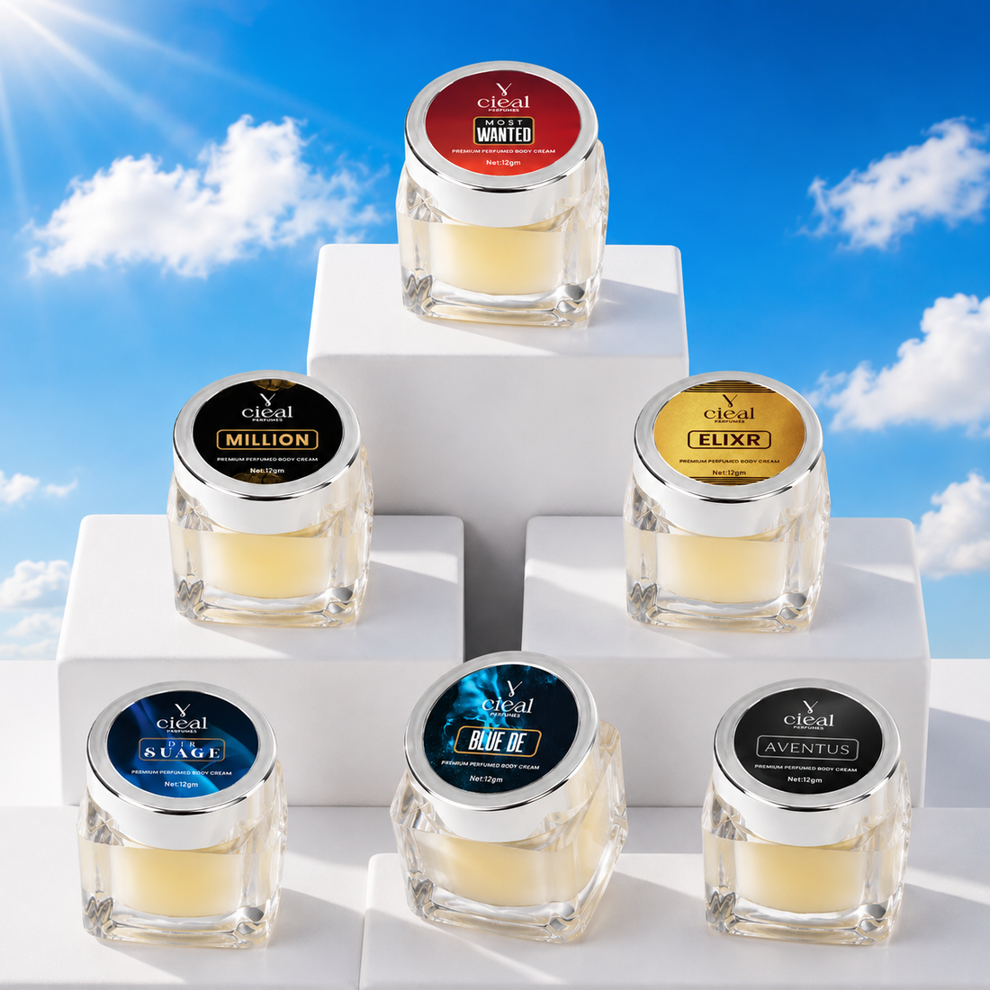 CIEAL PREMIUM SOLID PERFUME SET OF 6 – ELIXIR | AVENTUS | MILLION | DIR SUAGE | MOST WANTED | BLUE DE (MEN)