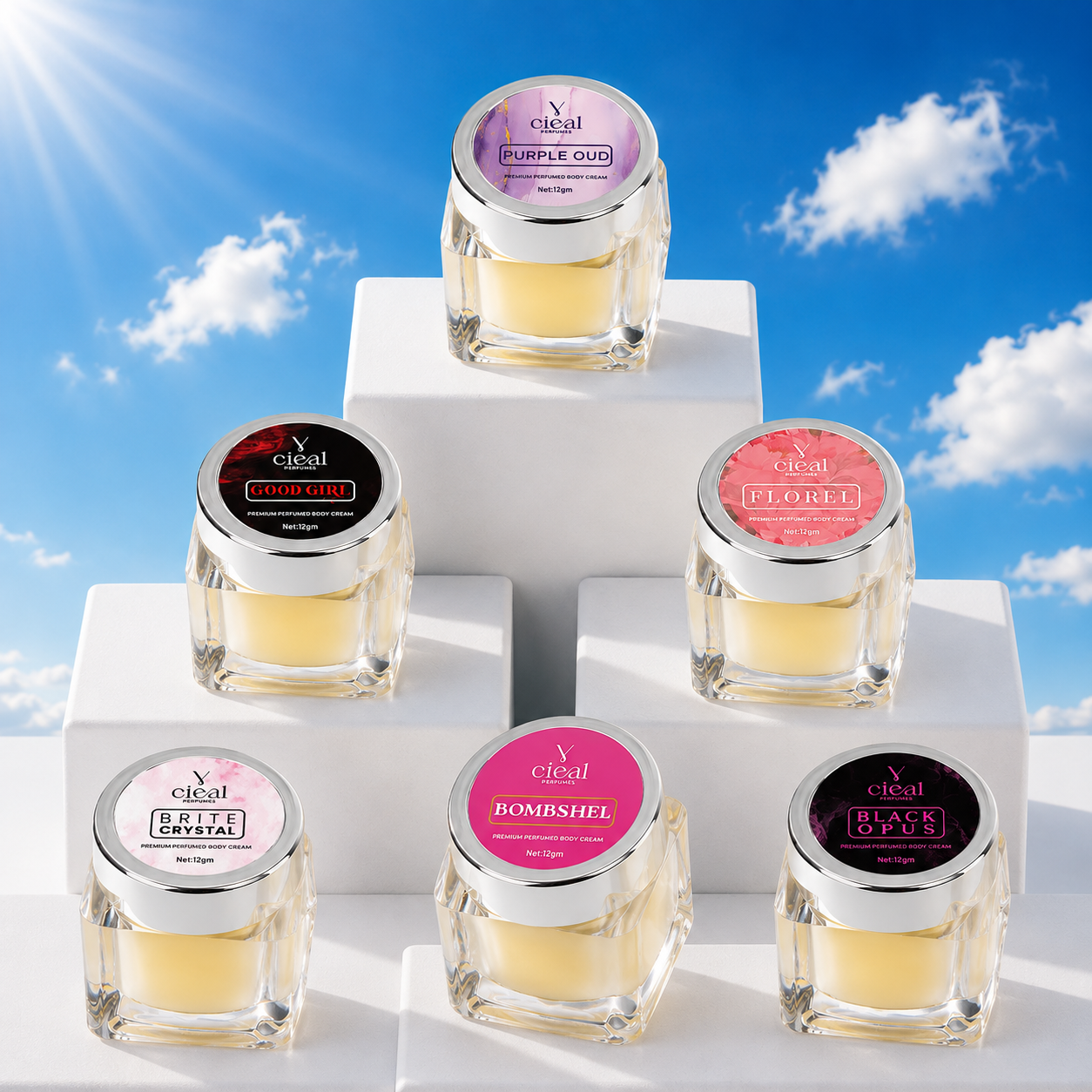 CIEAL PREMIUM SOLID PERFUME SET OF 6 – BLACK OPUS | PURPLE OUD | FLOREL | BRITE CRYSTAL | BOMBSHEL | GOOD GIRL (WOMEN)