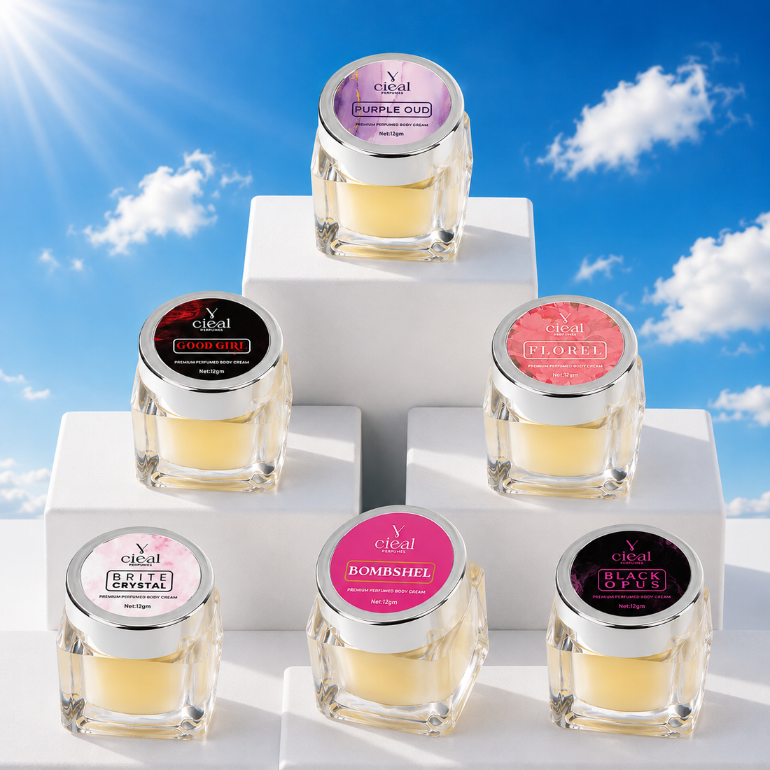 CIEAL PREMIUM SOLID PERFUME SET OF 6 – BLACK OPUS | PURPLE OUD | FLOREL | BRITE CRYSTAL | BOMBSHEL | GOOD GIRL (WOMEN)